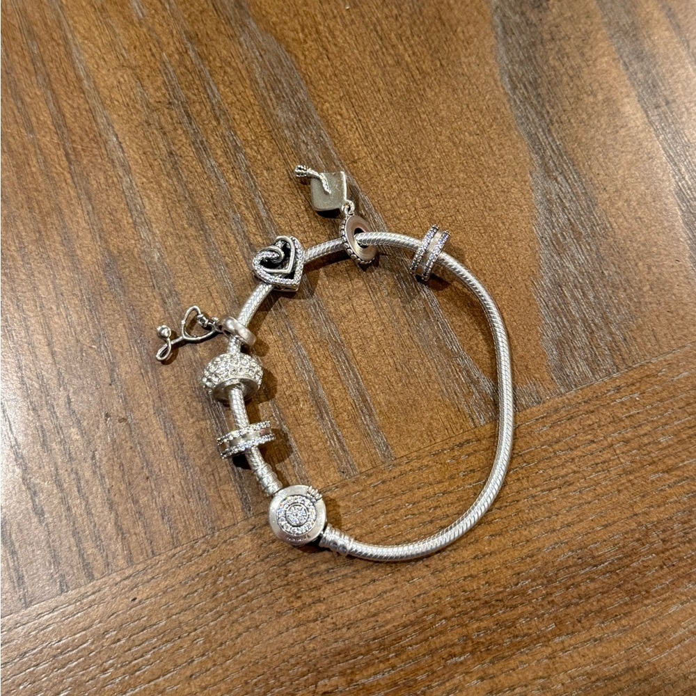 Pandora Silver Charm Bracelet with Heart and Pave Charms